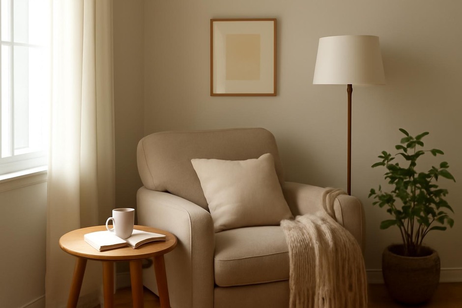 Cozy reading nook with soft light and a comfortable chair