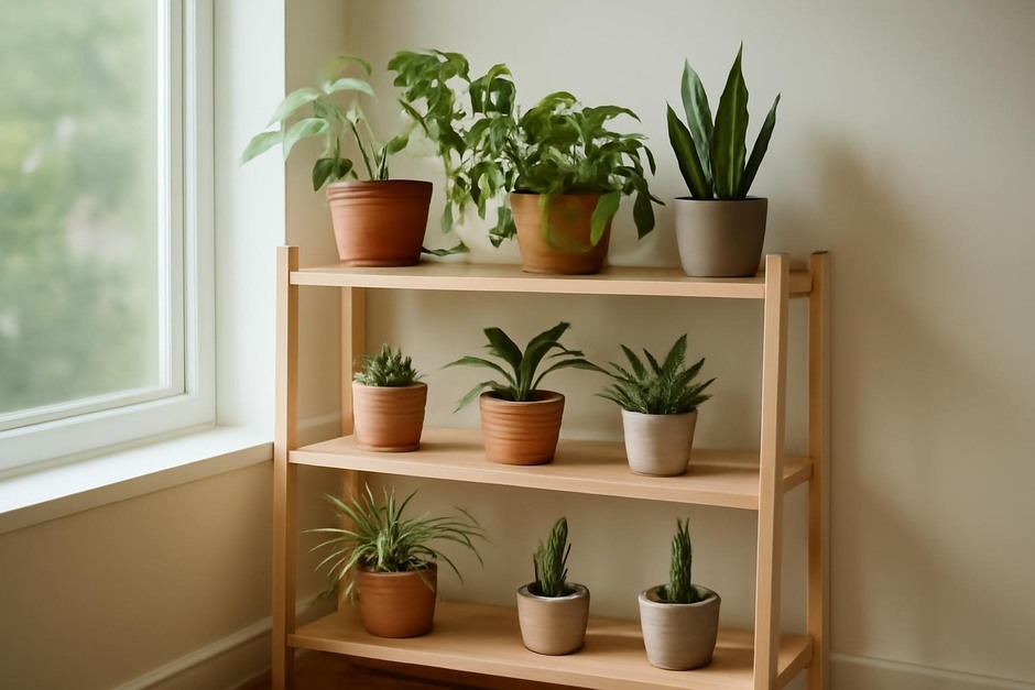 Simple wooden indoor plant shelf with a variety of easy-care potted plants near a bright window