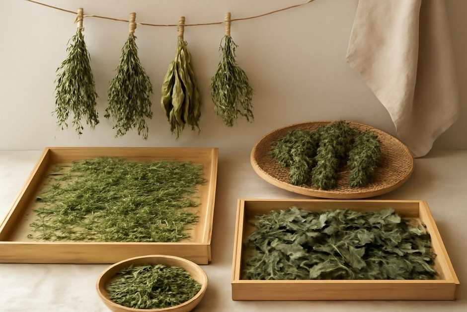 Assortment of dried herb bundles and trays of herbs drying