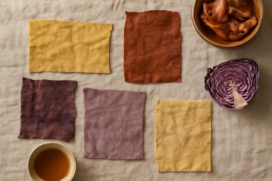 Pieces of cotton and silk dyed in yellow, rust, and purple tones using onion skins and cabbage