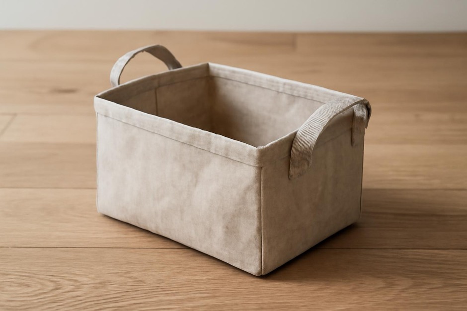 Handmade foldable linen basket on a wooden floor