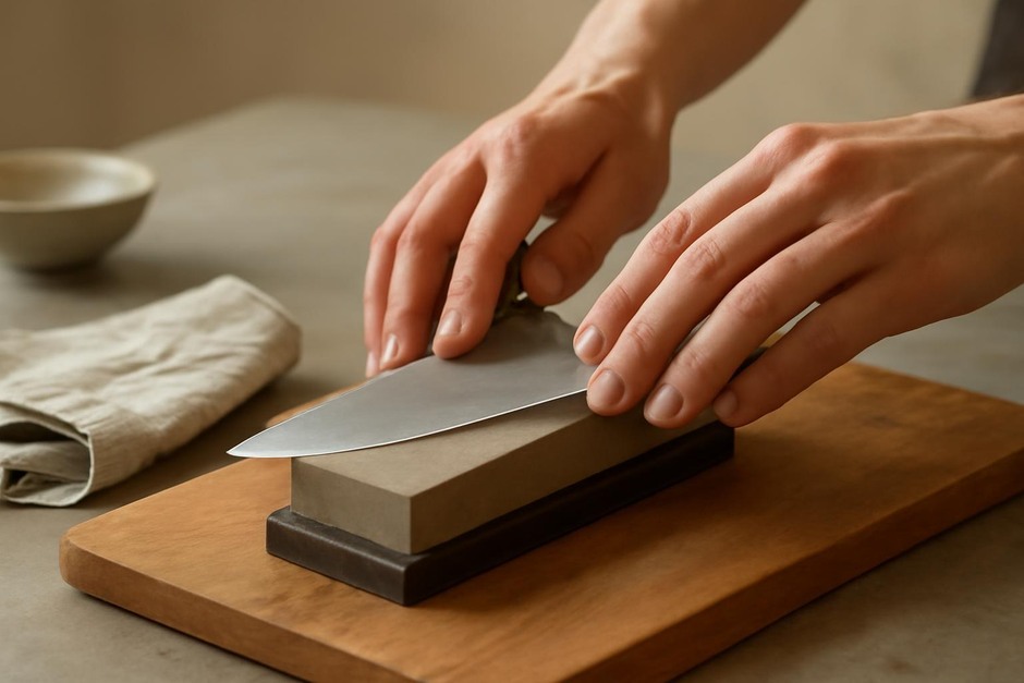 Hands sharpening a kitchen knife on a whetstone