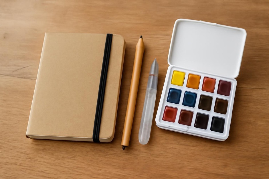 A small sketchbook, pencil, water brush and compact watercolor pan on a natural wood surface