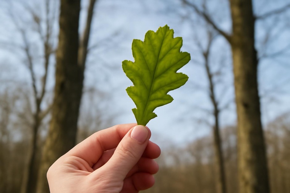 Hand holding a leaf against the sky with tree trunks in the background
