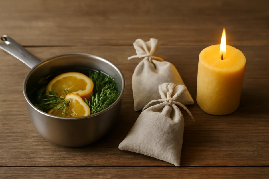 A small saucepan with citrus and herbs, dried herb sachets on a wooden table, and a beeswax candle burning.