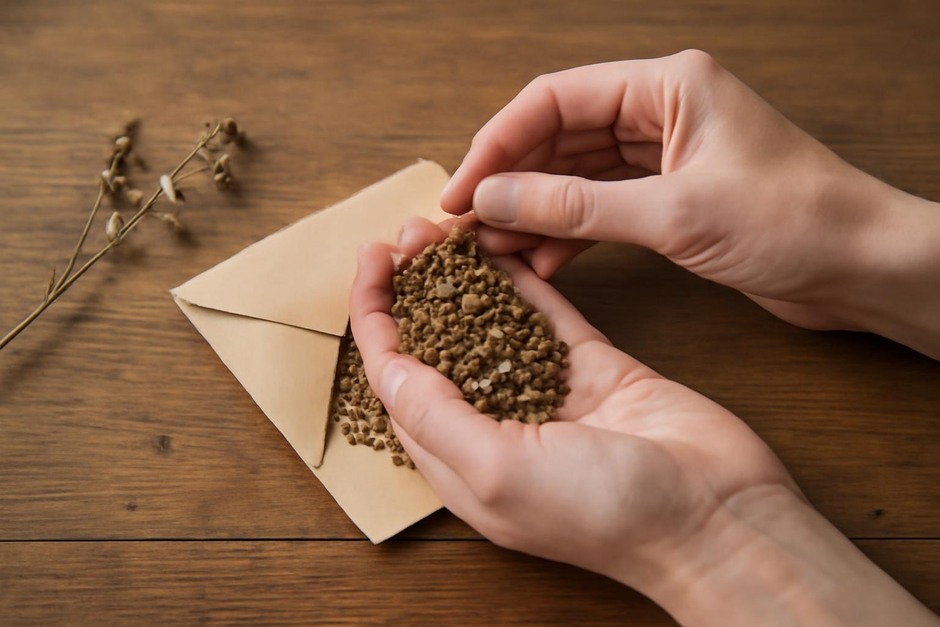 Hands holding dried seeds above a paper envelope on a wooden table