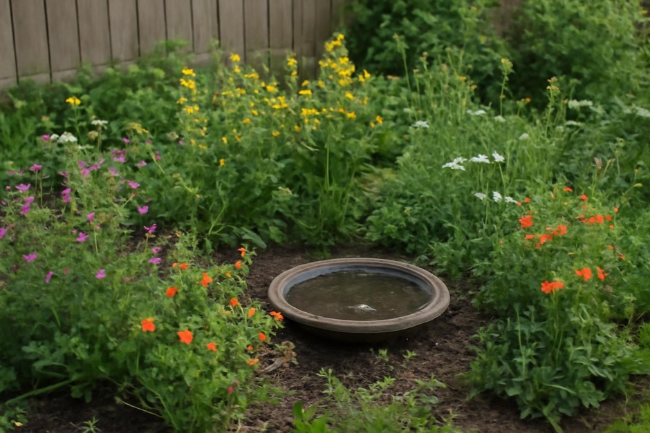 Small garden patch with native flowers and a shallow bird bath