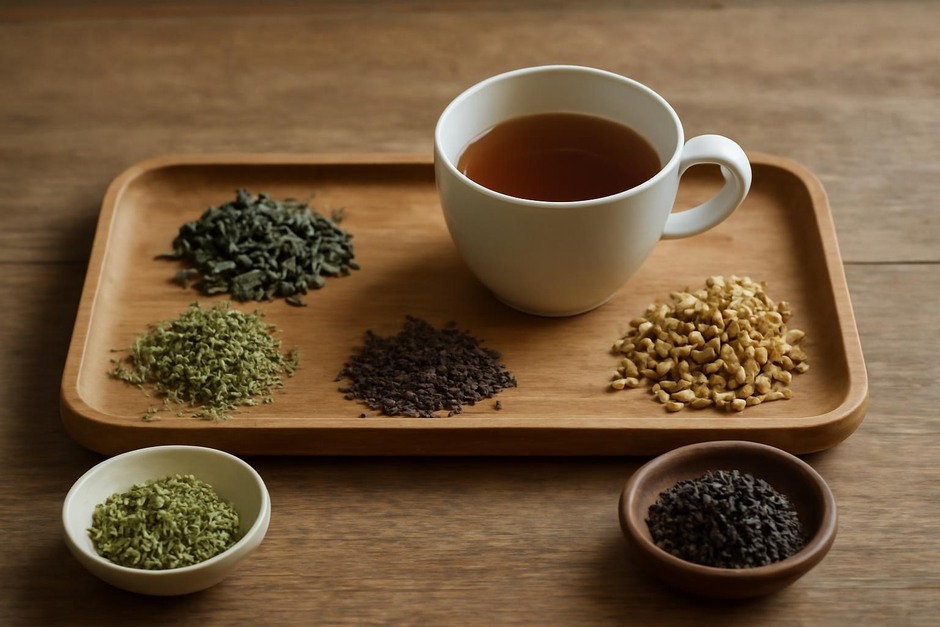 A small tray with loose tea leaves, herbs, and a teacup for tasting