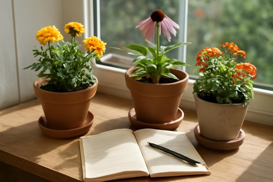 A sunny windowsill with potted flowers and a notebook for observing pollinators